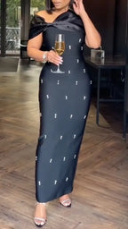 Women's Off-shoulder Beaded Dress with Bow