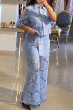 Women Collar Casual Lace Patterned Top or Wide Leg Pants