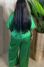 Women's  Elegant Satin Emerald Green High Waist Wide Leg Jumpsuit