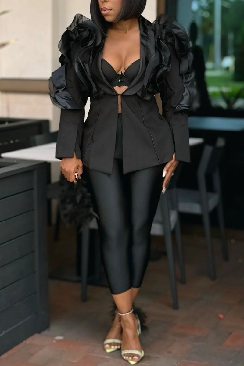 Women's Party Style Black Statement Shoulder Blazer Or Fitted Pants