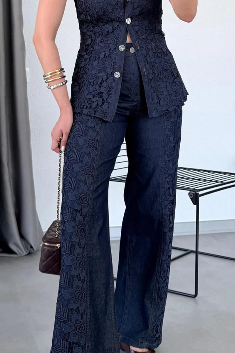 Women's Elegant Lace Panel Denim Vest & Jeans
