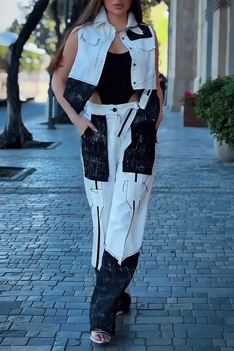 Women's Fashion Asymmetric Color Block Vest or Wide Leg Pants