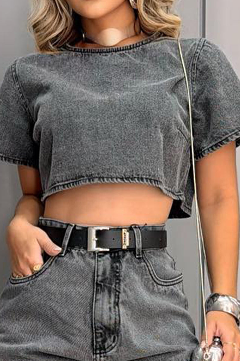 Women's Washed Black Denim  with Short Sleeve Crop Top or Curved Hem Shorts