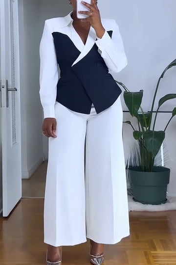 Women Collar Contrasting Jacket+ Pants Temperament Commuting Formal Suit