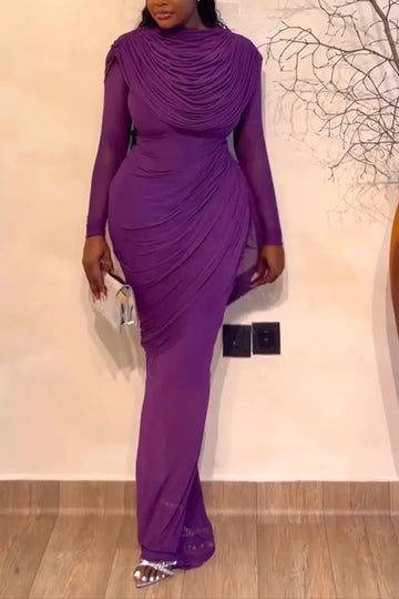 Women Round Neck Slim Fit Solid Color Temperament Dinner Party Style Dress
