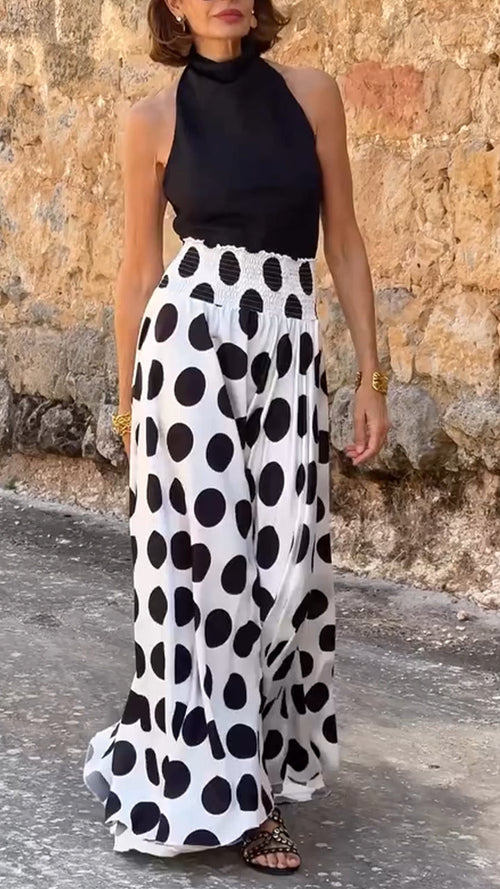 Ladies Round Neck Top+polka Dot Skirt Elegant Casual Set