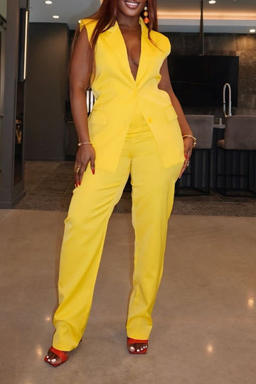 Women's Elegant Yellow Sleeveless Vest Or Wide-Leg Trousers