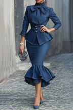 Women's Elegant Bow Denim Shirts & Fishtail Skirt