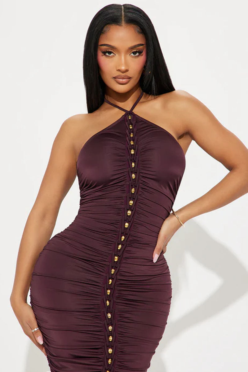 Womem Sexy Slim Fit Halter Dress - Side Button Slit Maxi Gown