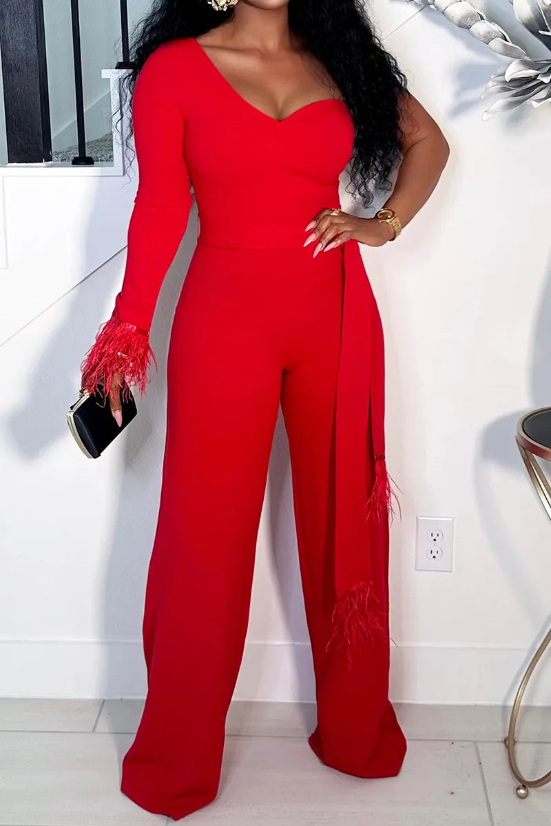 Women's Red Form-Fitting Jumpsuit with Feather Trim on Cuffs and Sash