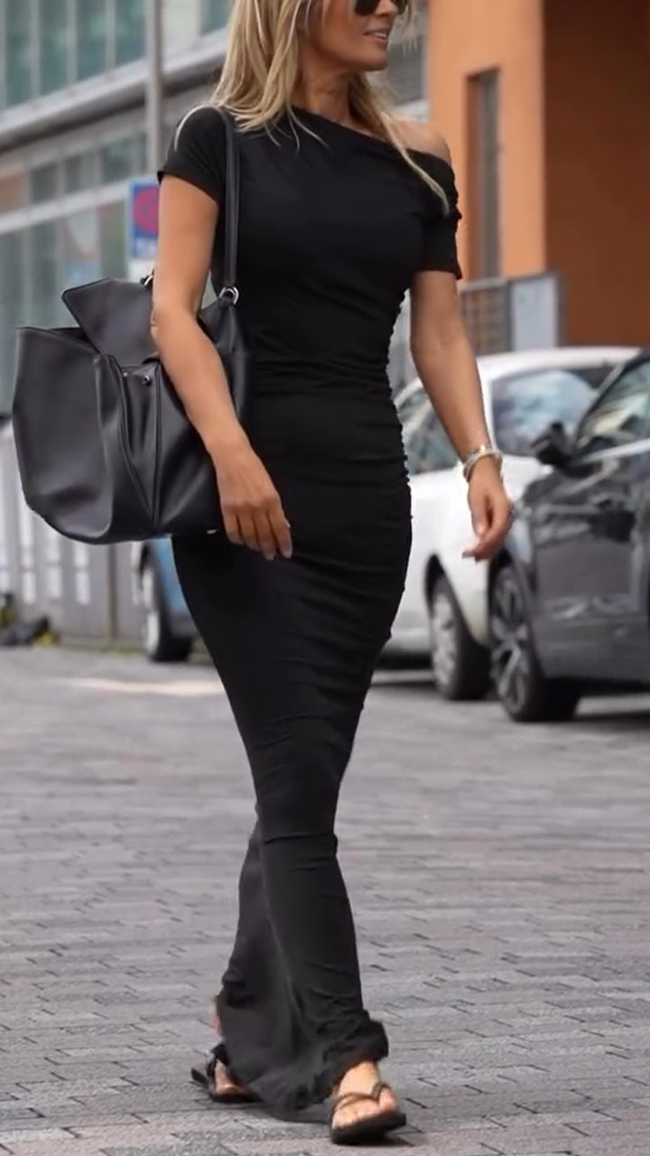 Womens Round Neck Slim Solid Color Temperament Casual Dress