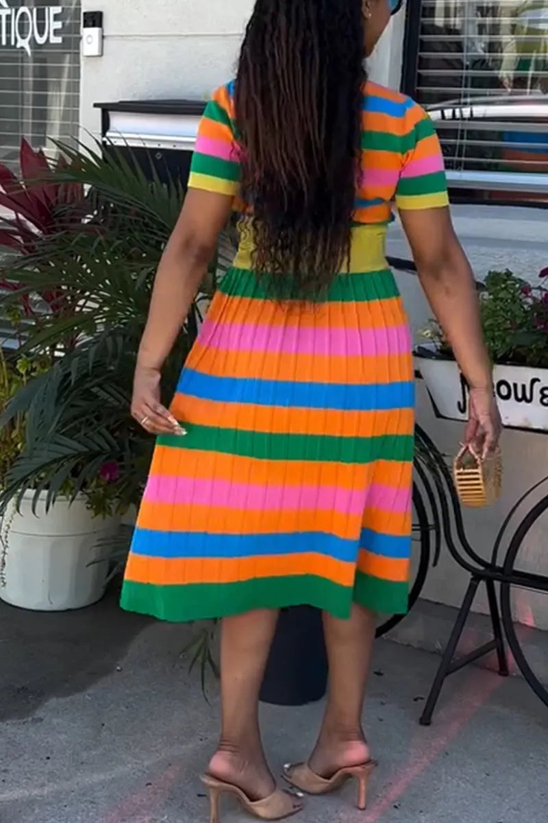 Women's Casual Multicolor Stripe Knit Top & Skirt
