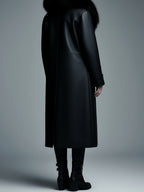 Women Fur Trim Warm Lined Hooded Eco Leather Trench Coat