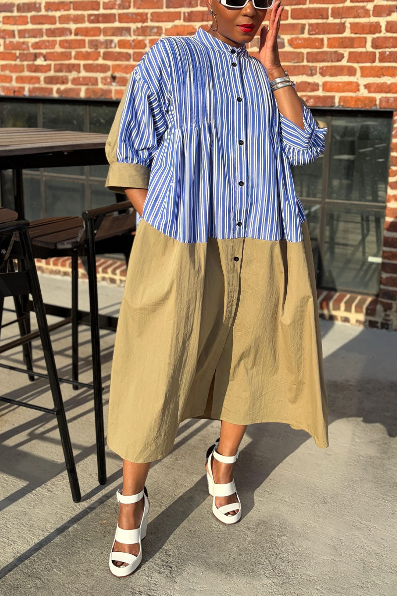 Women's Casual Color Block Striped Button Down Maxi Dress