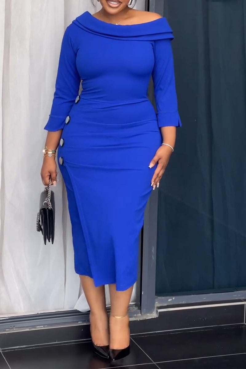 Women's Elegant One Shoulder Button Trim Dress