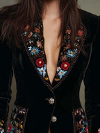 Velvet Blazer With Colorful Floral Embroidery