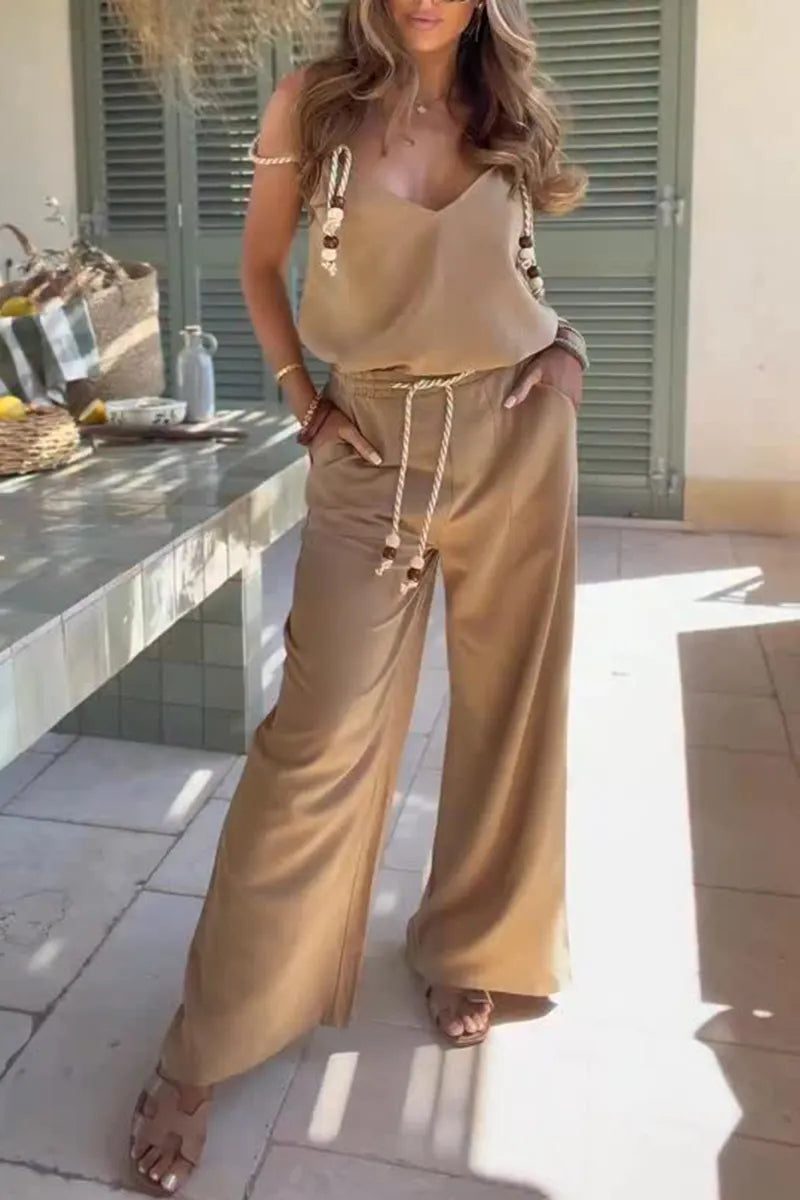 Women's Resort V-Neck Vest Wide Leg Pants Set