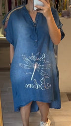 Women's V-neck Half-open Collar Button Denim Casual Dress
