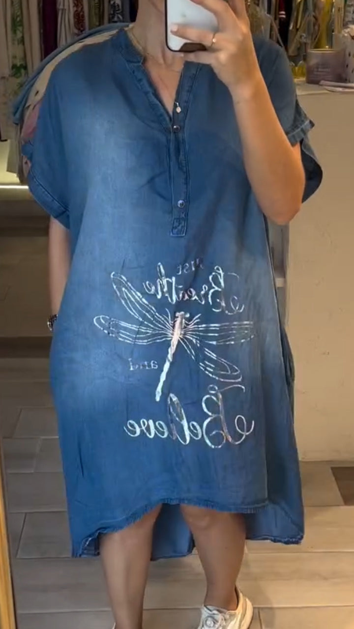 Women's V-neck Half-open Collar Button Denim Casual Dress