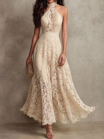 Retro Eelgant Ivory Lace Halter Evening Maxi Dress