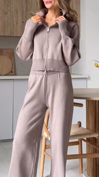 Womens Lapel Zipper Top + Pants Solid Color Casual Set