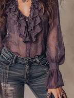 Vintage Paisley Print Ruffled Collar Chiffon Blouse