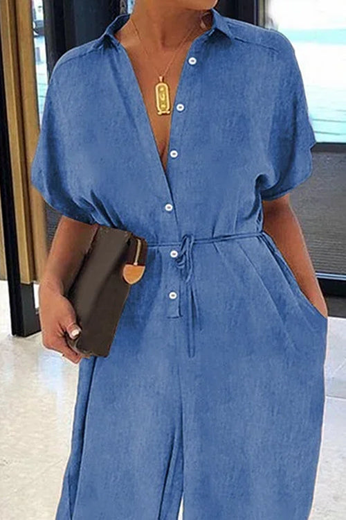 Hot Selling Women's Casual Solid Color Short Sleeved Denim Jumpsuit