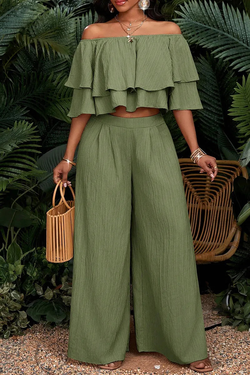 Women's Crinkle Textured Off Shoulder Double Tier Ruffle Crop Blouse Or High Waist Loose Flow Crinkle Wide Leg Palazzo Pants