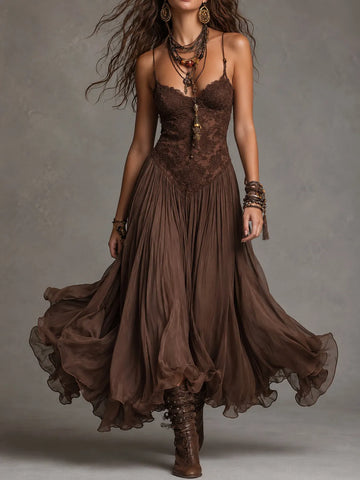 Dark Brown Lace And Chiffon Corset Maxi Dress