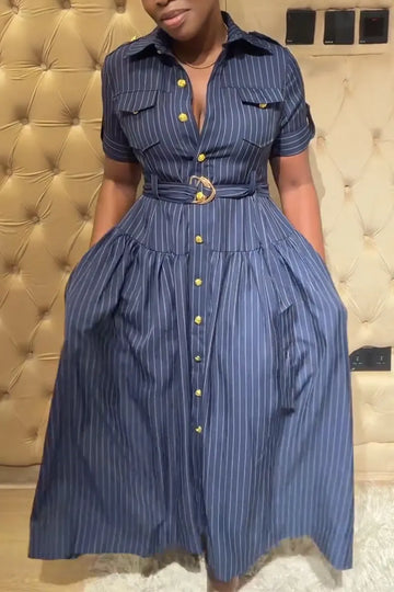 Women Lapel Breasted Vertical Stripe Casual Dress with Temperament