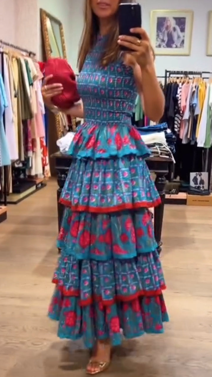 Women Round Neck Sleeveless Patchwork Printed Casual Dress
