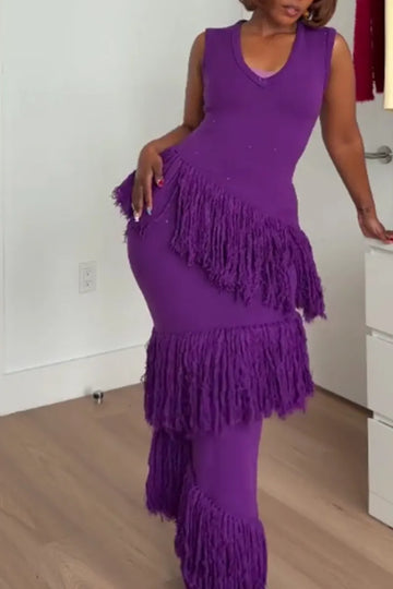Women's Fringe Trimmed Bodycon Maxi Party Dress