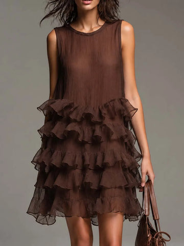Boho Sleeveless Lightweight Tencel-linen Tiered Ruffle Mini Dress