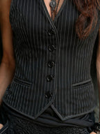Vintage Black Pinstripe Fitted V Neck Waistcoat