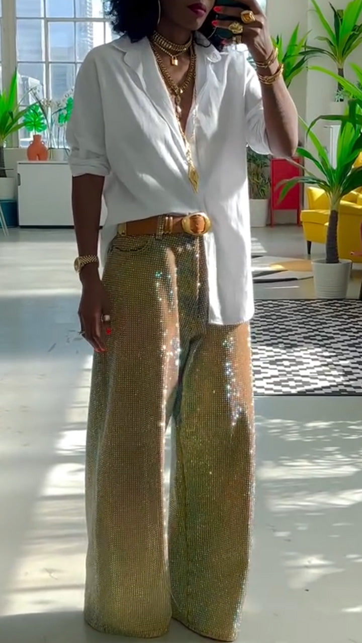 Womens Collar Solid Color Shirt + Rhinestone Jeans