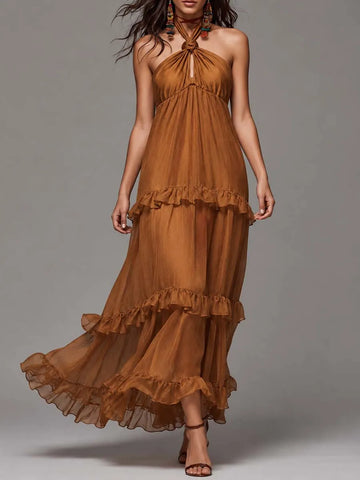 Boho Knotted Halter Tencel-linen Blend Tiered Ruffle Maxi Dress