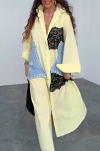 Women Collar Patchwork Denim Lace Elegant Casual Maxi Dresses