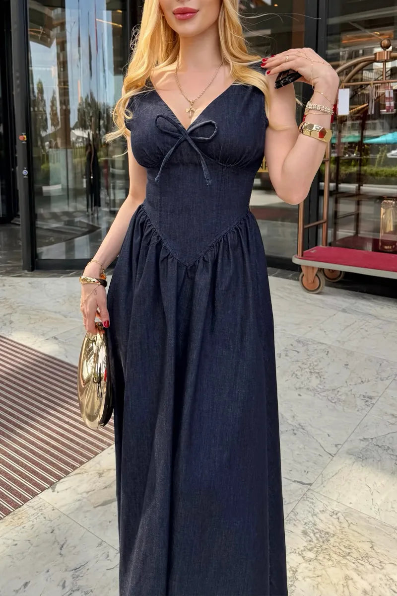 Women's Elegant Waist Defined V-Neck Denim Dress