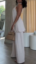 Women Neck Hanging Sleeveless Irregular Top + Pants Solid Color Casual Suit