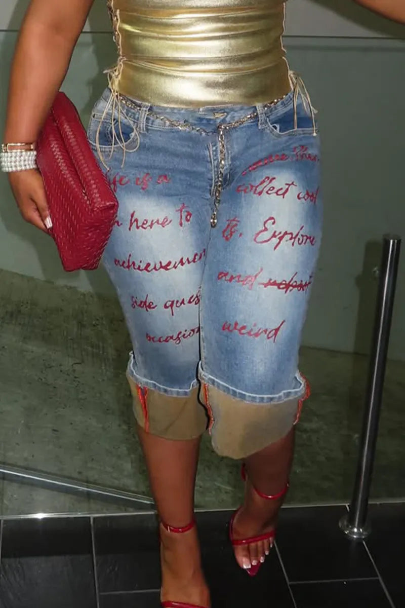 Women Camisole Side Strap Design Top or Wash Printed Letter Denim Shorts