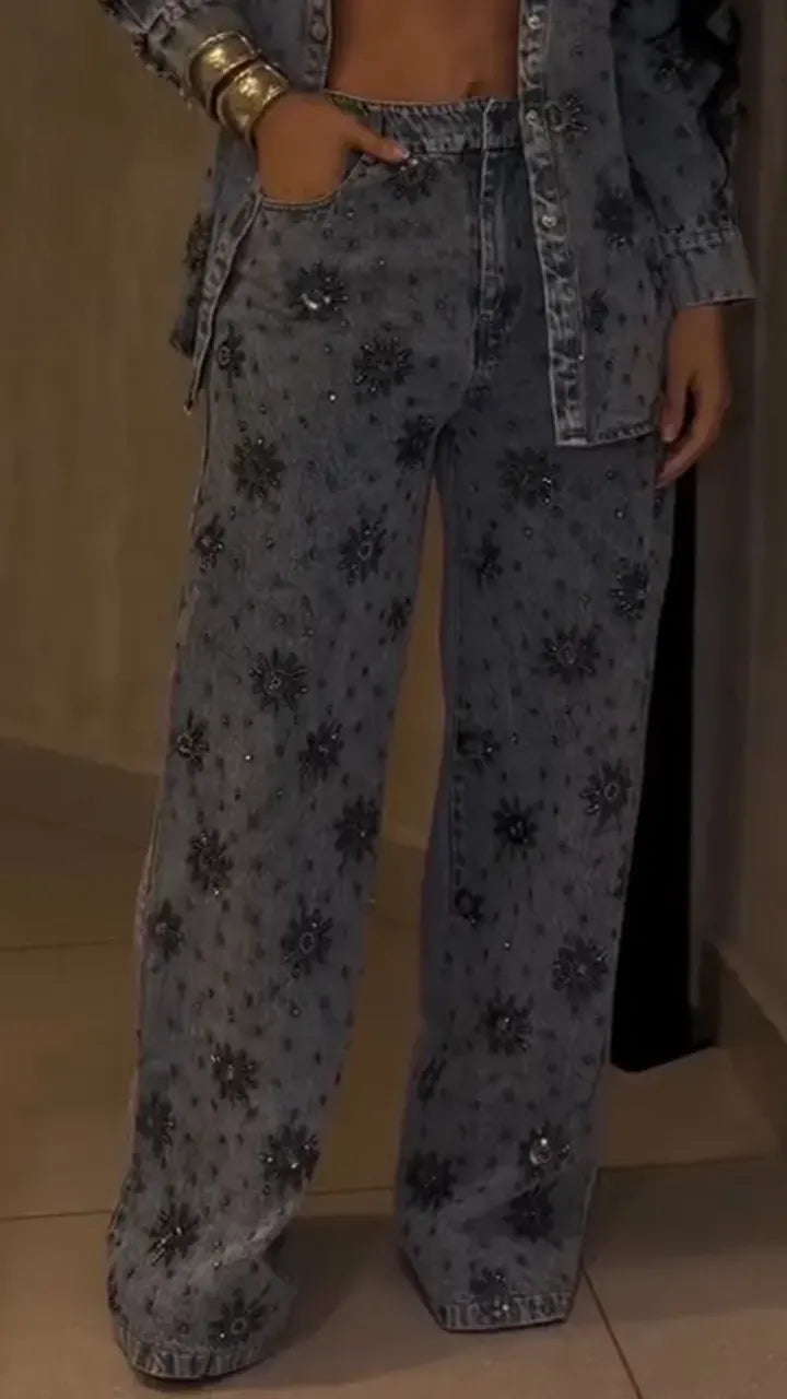 Women Lapel Printed Casual Denim Suit