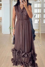 Women V-neck Sleeveless Patchwork Waist Cinching Elegant Temperament Dress