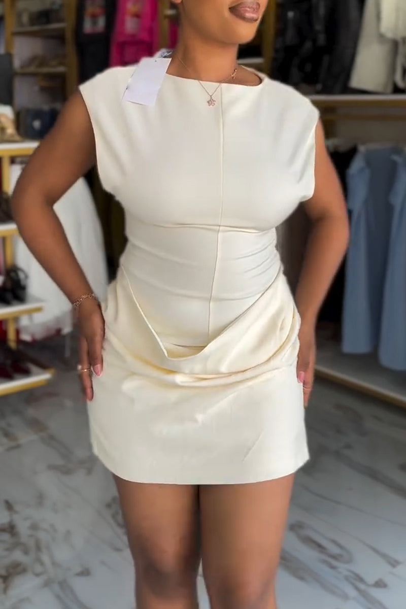 Women Round Neck Fitted Waist Solid Color Elegant Casual Dress