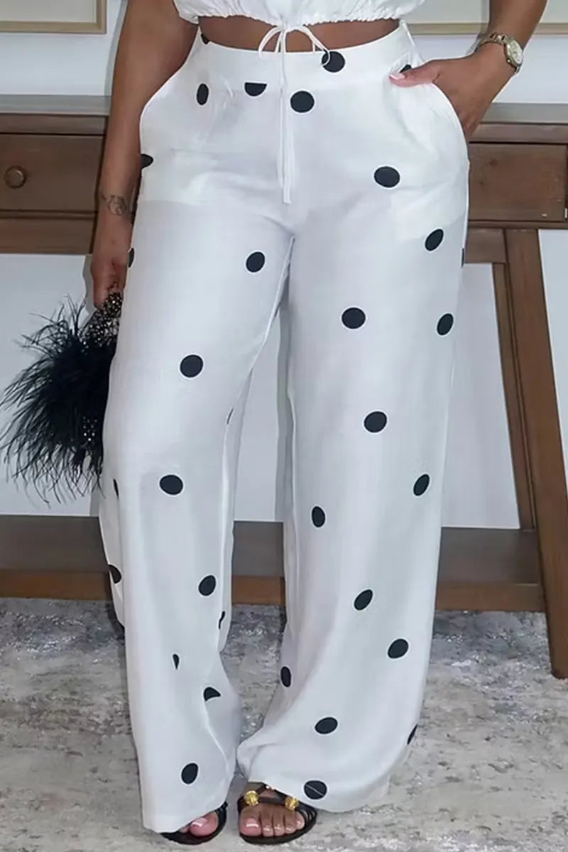 Women's Printed Tie Waist Ruffled Hem Short Top For Commuters Or Printed Pocket Wide Leg Trousers