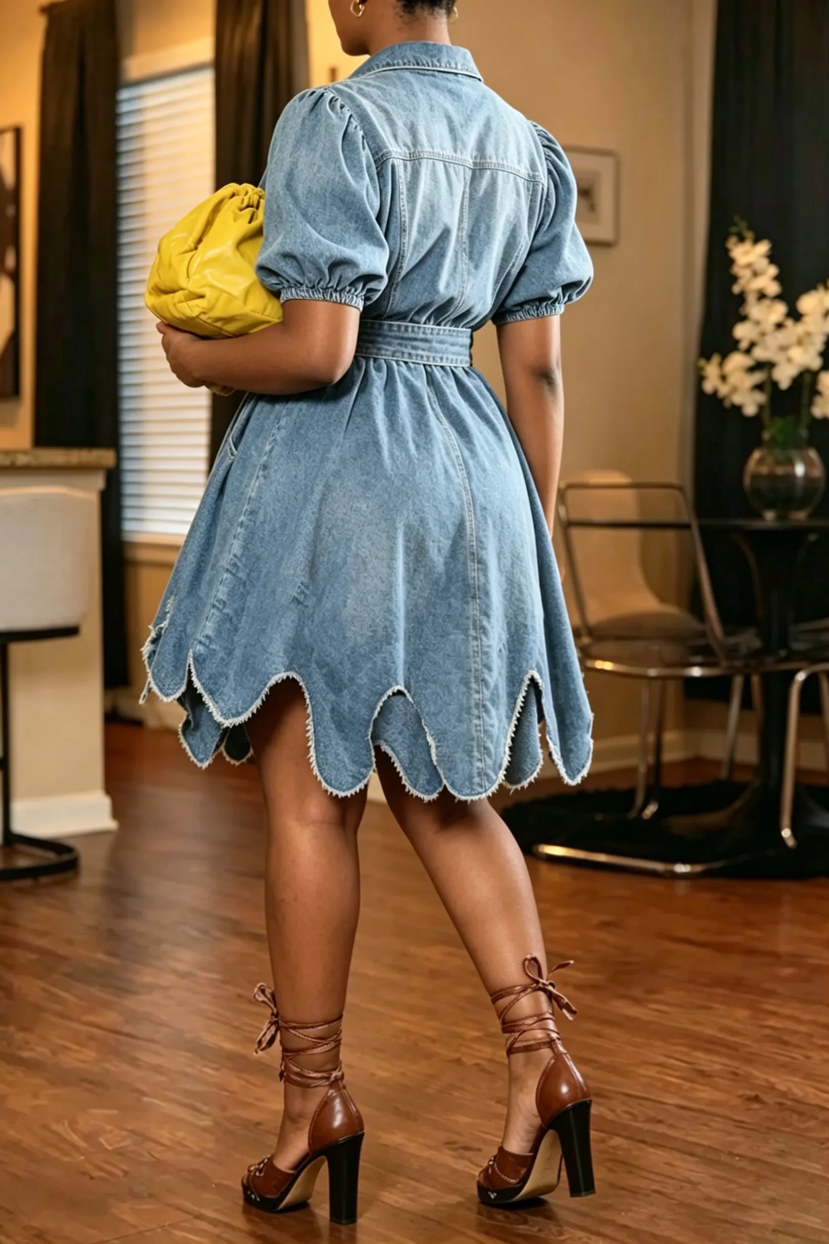 Women's Fashion Short Sleeve Asymmetric Hem Denim Dress with Belt