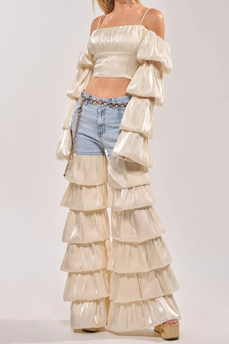 Women's Strappy Tulip Hem Crop Top Or Denim Paneled Tulip Hem Wide Leg Trousers