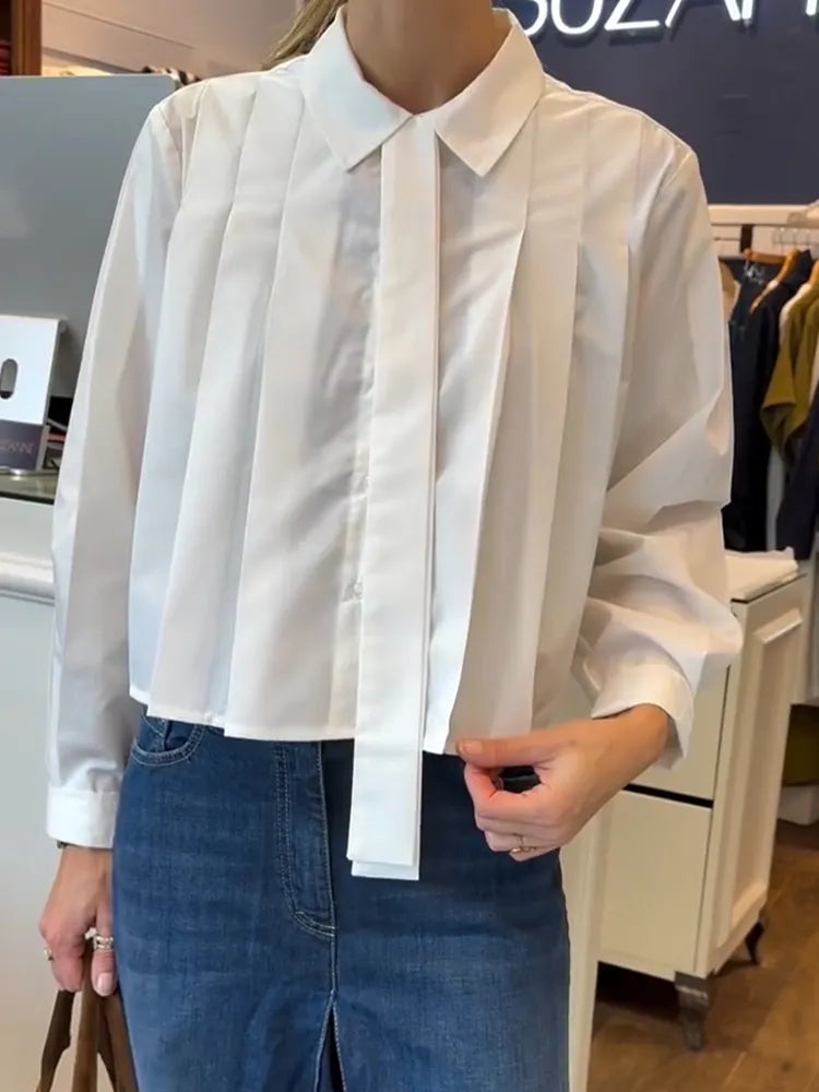 Women Collared Pleated Top + Jeans Casual Suit