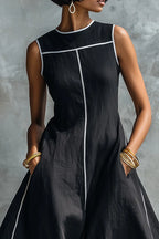 Women's Casual Contrast White Stitch Sleeveless Round Neck Linen Maxi Dress With Pockets