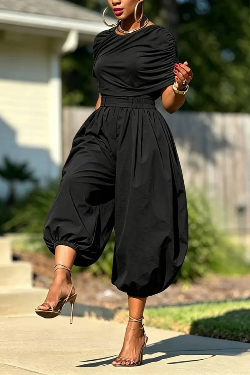 Women's Crew Neck One Side Ruched Draped Cap Sleeve Slim Crop Top Or High Waist Elastic Smocked Waist Baggy Balloon Capri Pants