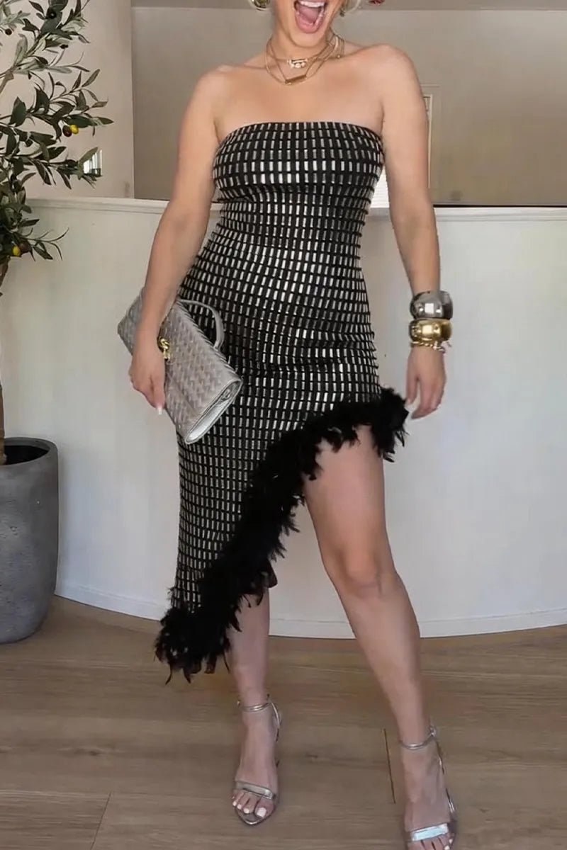 Women's Party Sparkling Rhinestone Asymmetric Feather Hem Dress